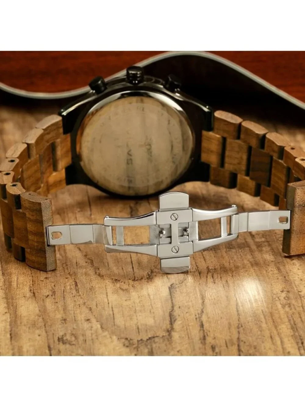 Men's Black Olive Stainless Steel Chronograph Solid Multifunctional Wooden Watch